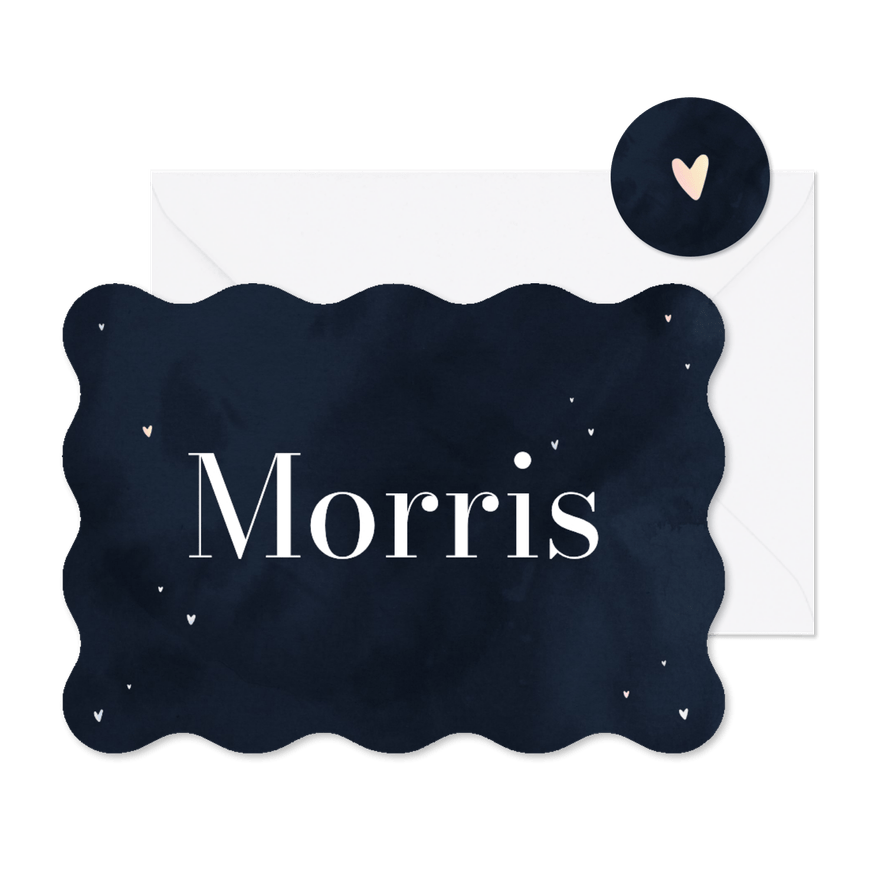 Golvend geboortekaartje met blauwe waterverf en hartjes - Kaartimpressie