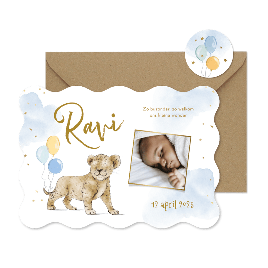 Golvend geboortekaartje met leeuw waterverf - Kaartimpressie