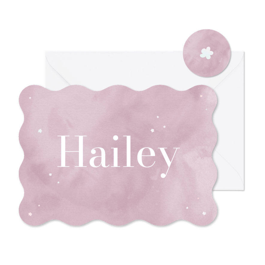 Golvend geboortekaartje met lila waterverf en bloempjes - Kaartimpressie