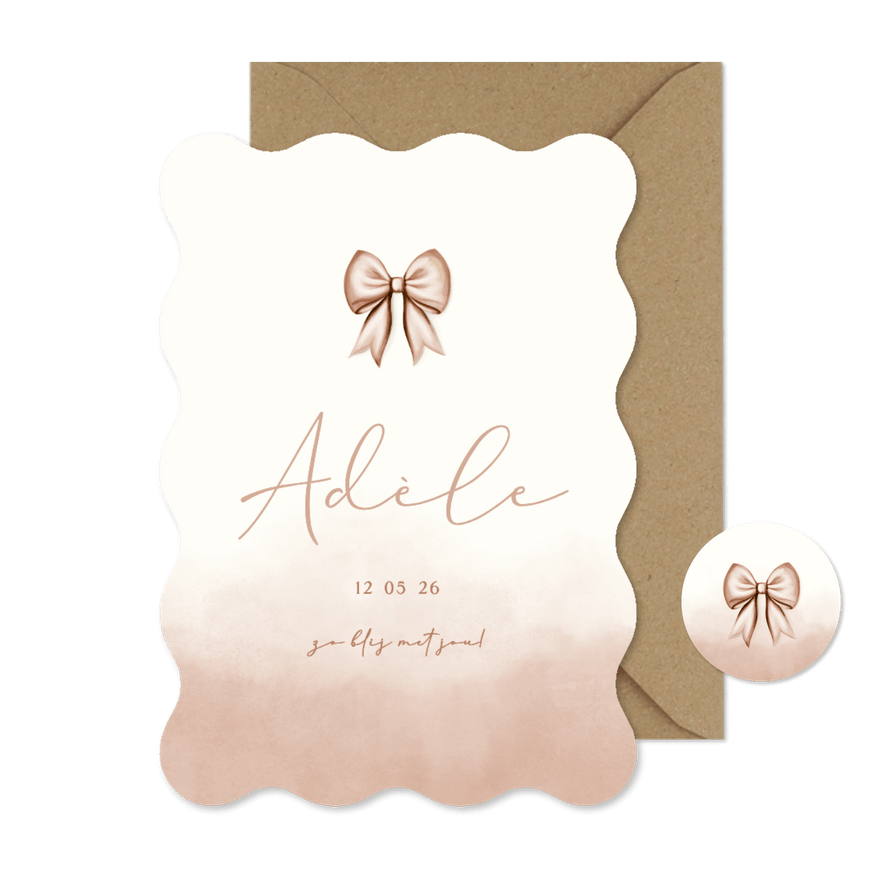 Golvend waterverf geboortekaartje met geïllustreerd strikje - Kaartimpressie