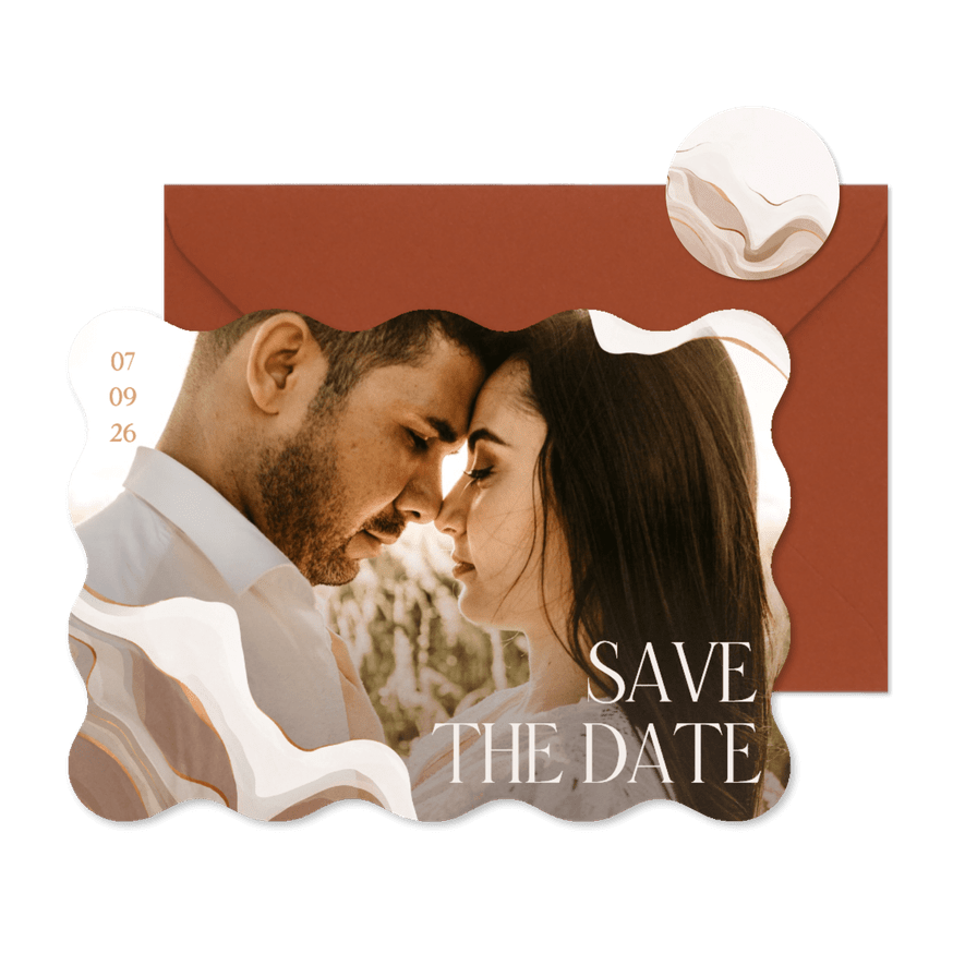 Golvende save the date foto stijlvol met marmereffect  - Kaartimpressie