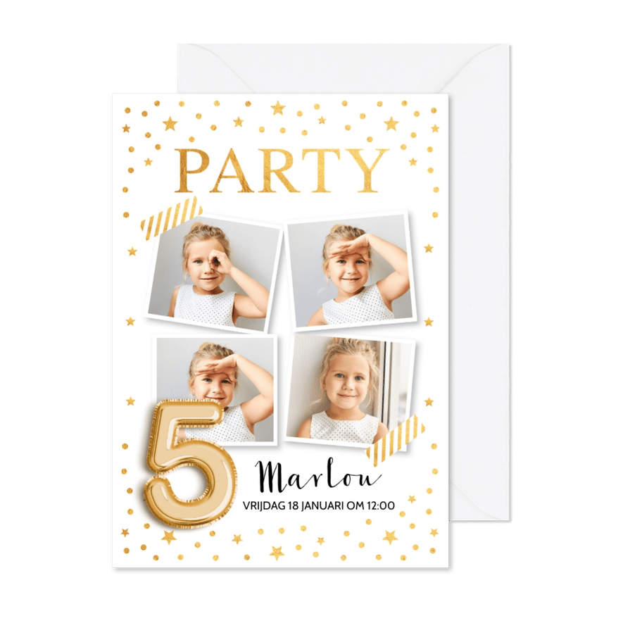 Goud confetti ballon 5 jaar uitnodiging kinderfeestje - Kaartimpressie