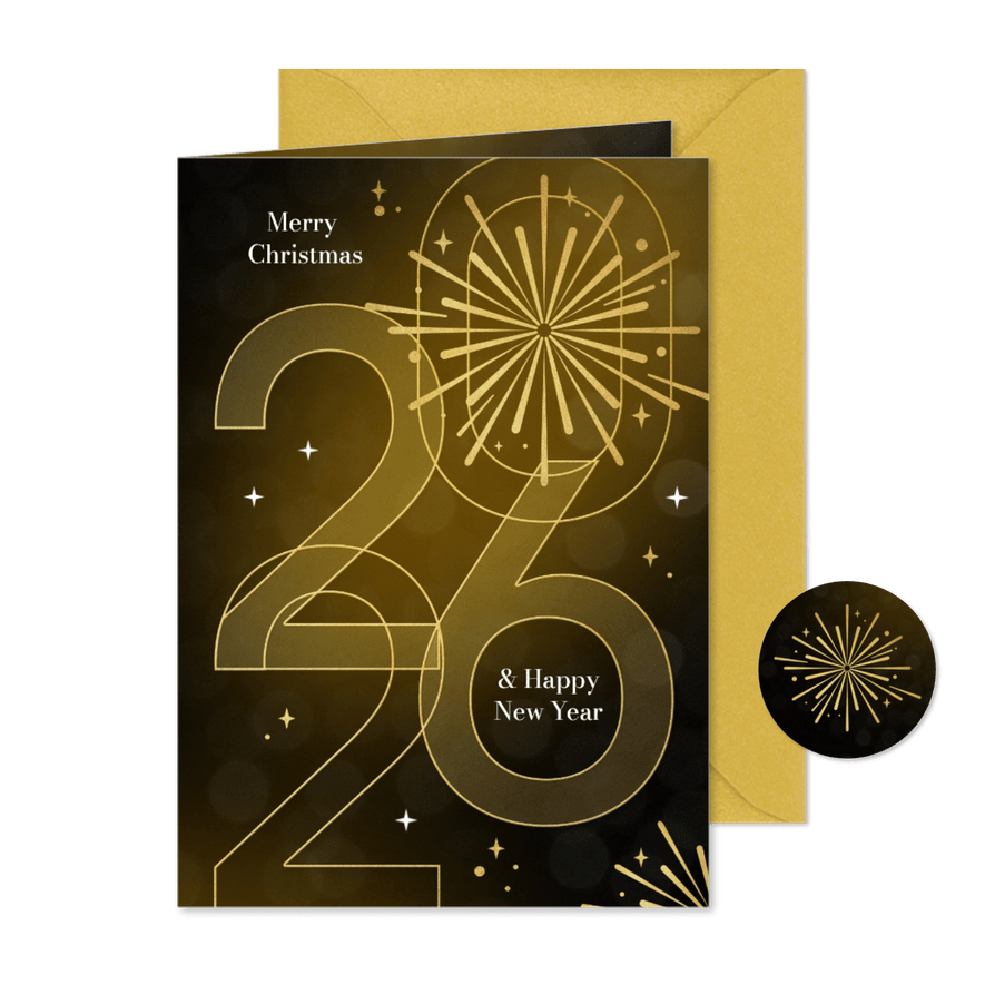 Goud nieuwjaarskaart 2026 grafisch stijlvol sterren goud - Kaartimpressie