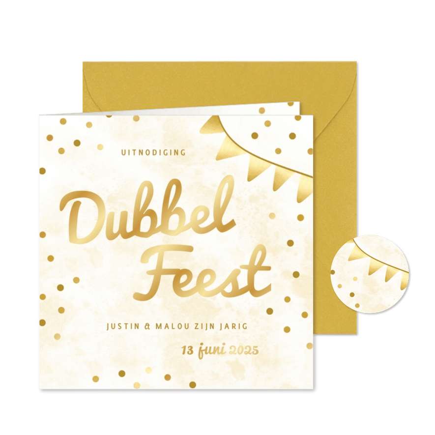 Gouden dubbel kinderfeest met vlaggetjes en confetti - Kaartimpressie