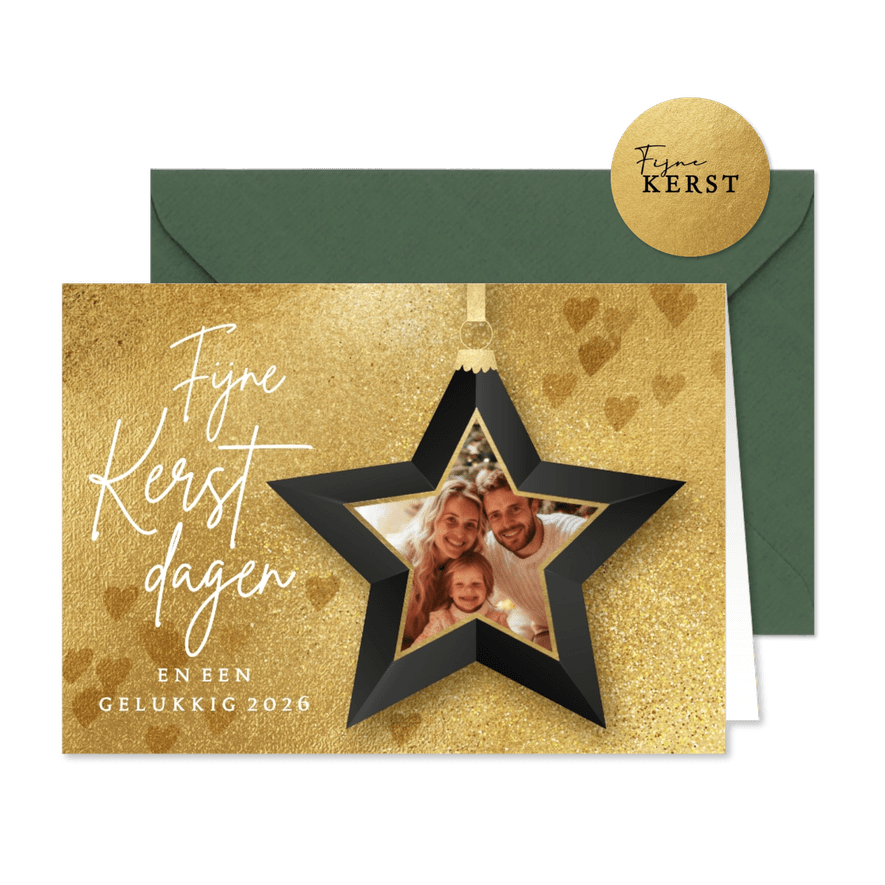 Gouden kerstkaart hippe foto kerstbal - Kaartimpressie