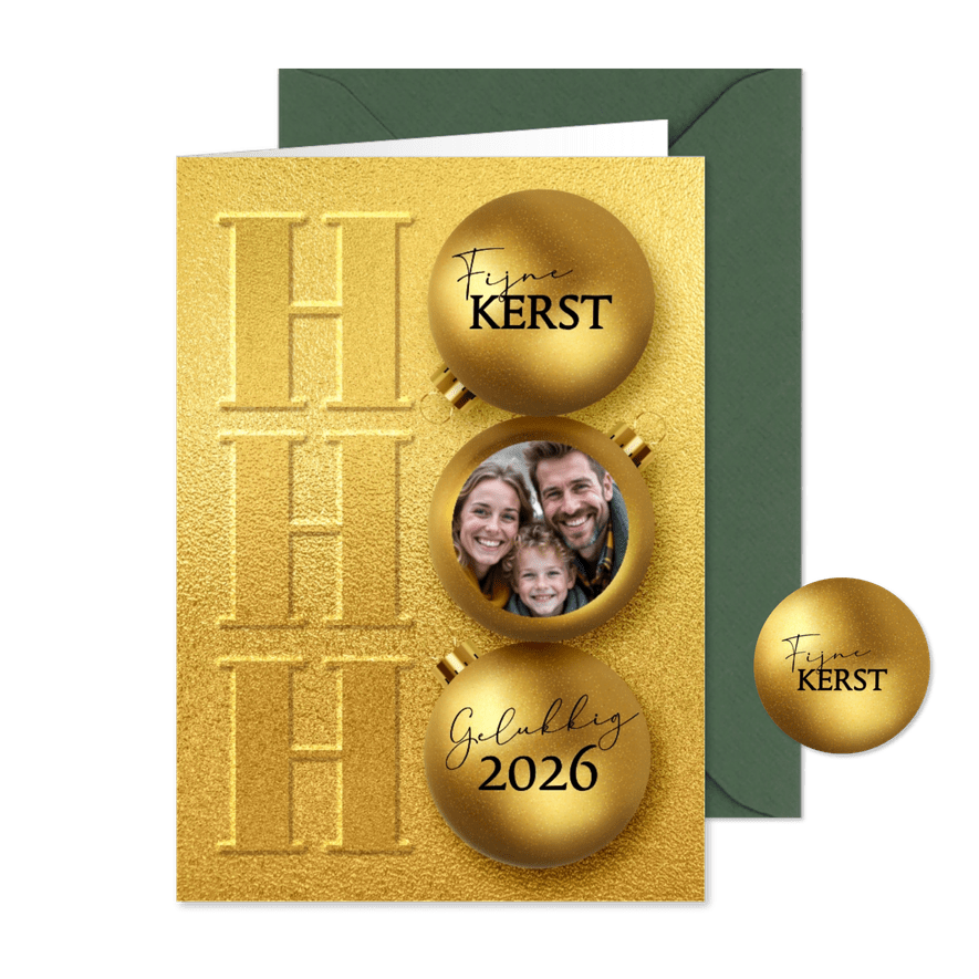 Gouden kerstkaart Ho Ho Ho met foto - Kaartimpressie
