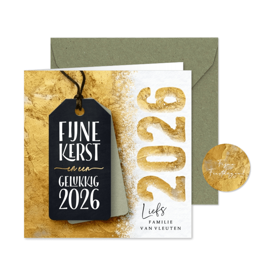 Gouden kerstkaart label en sneeuw 2026 - Kaartimpressie