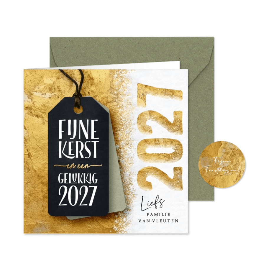 Gouden kerstkaart label en sneeuw 2027 - Kaartimpressie