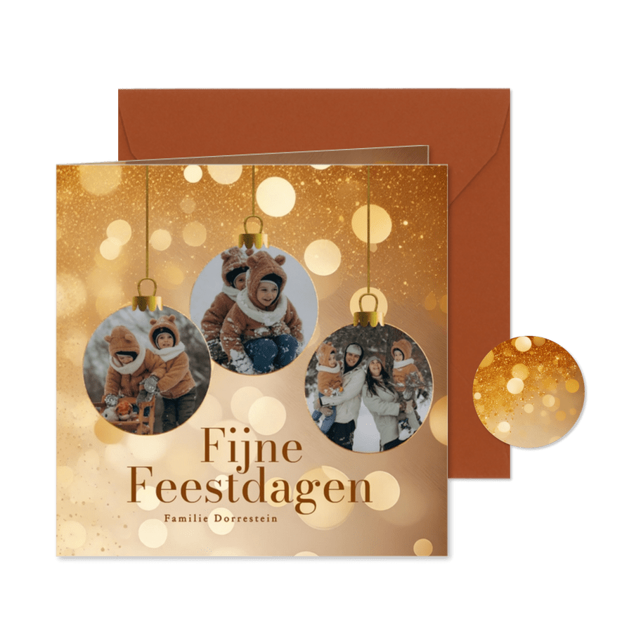 Gouden kerstkaartjes met foto in kerstbal vorm en glitters - Kaartimpressie