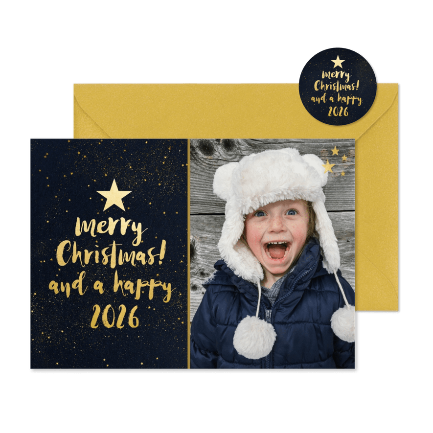 Gouden sterren kerstkaart met zwarte achtergrond - Kaartimpressie