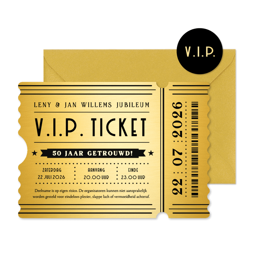 Gouden ticket huwelijksjubileum uitnodiging - Kaartimpressie