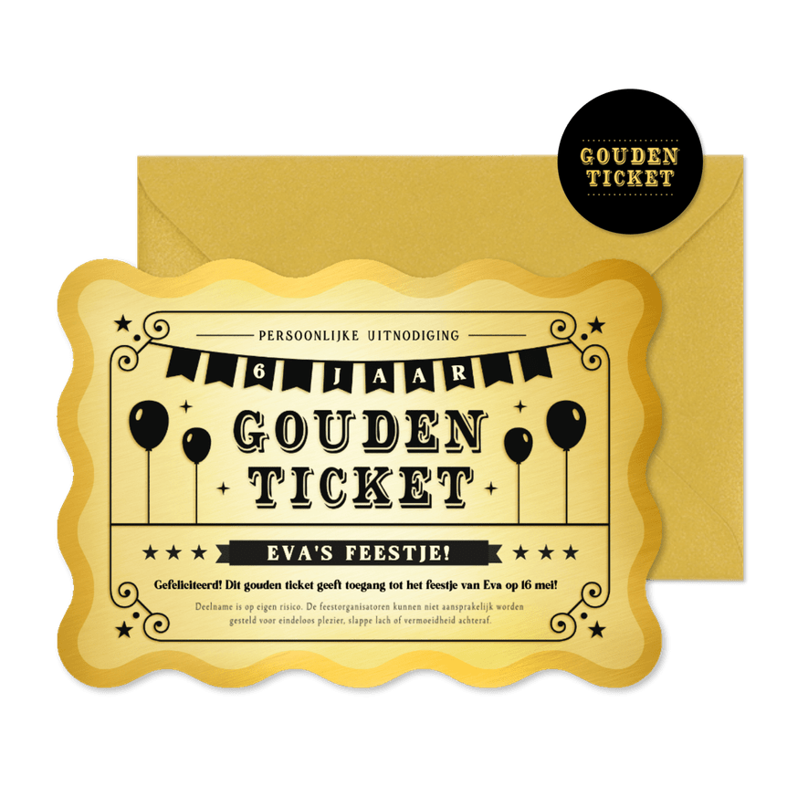 Gouden ticket uitnodiging kaart kinderfeestje golvende rand - Kaartimpressie