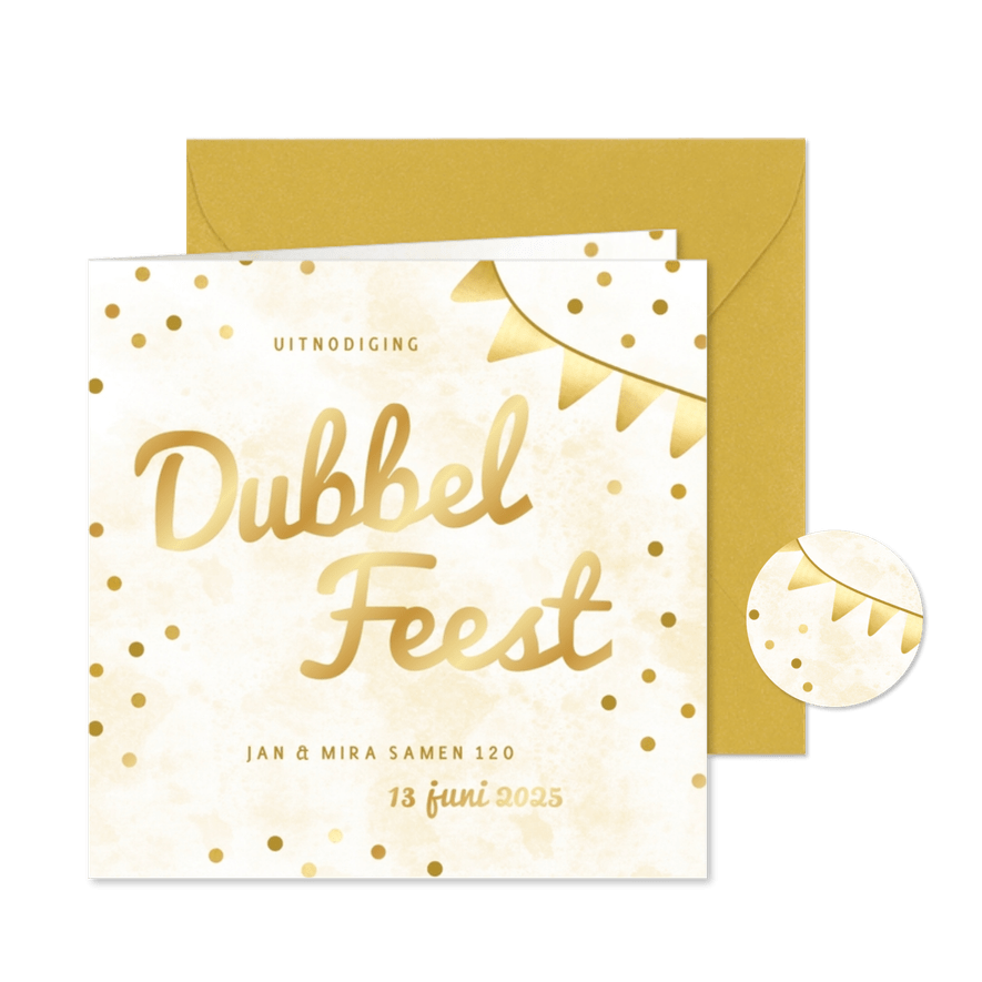 Gouden uitnodigingen dubbel feest met vlaggetjes en confetti - Kaartimpressie