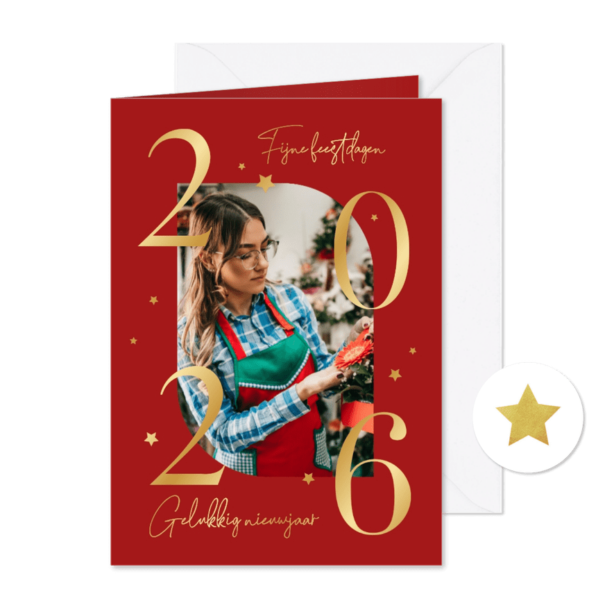 Goudfolie zakelijke kerstkaart rood met eigen foto 2026 - Kaartimpressie