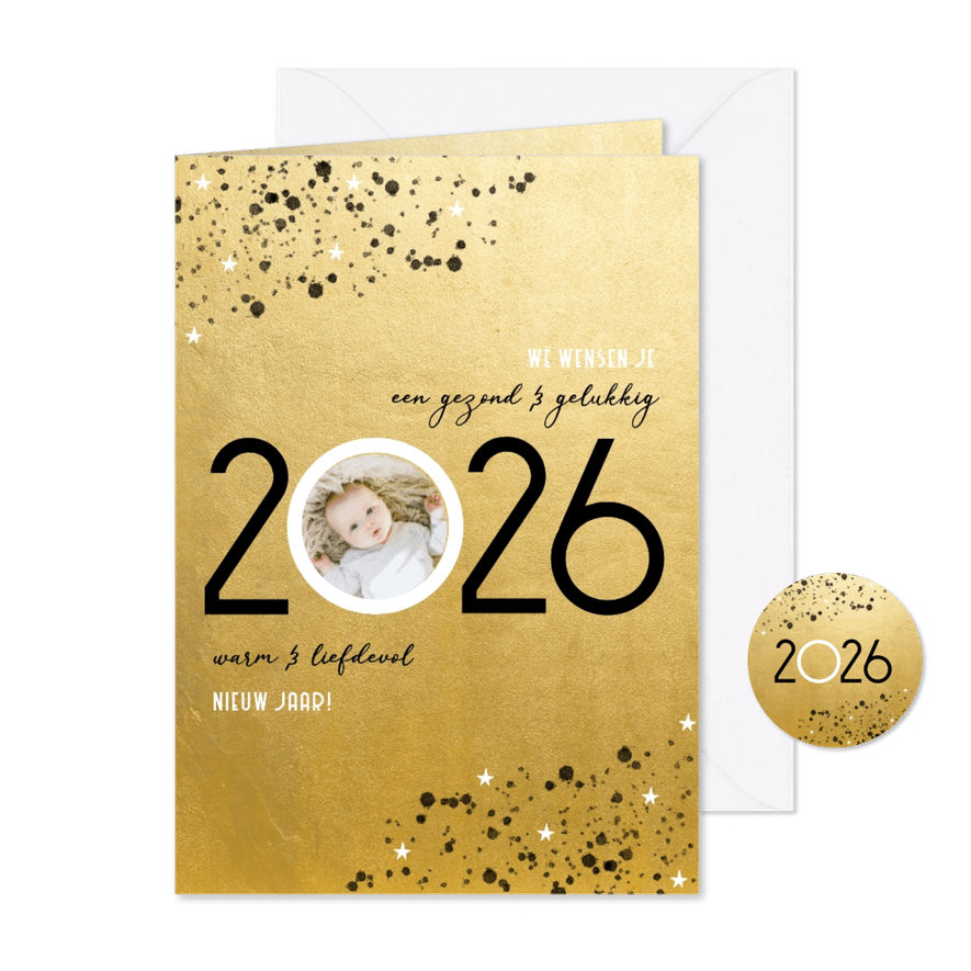 Goudlook nieuwjaarskaart 2026 spetters en foto - Kaartimpressie