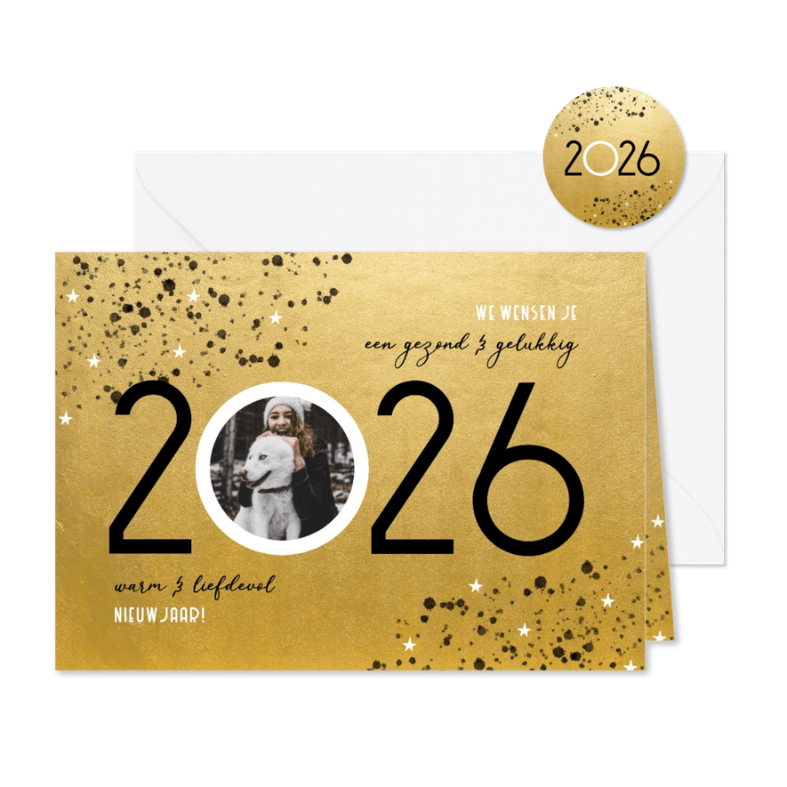 Goudlook nieuwjaarskaart 2026 spetters sterren en foto - Kaartimpressie