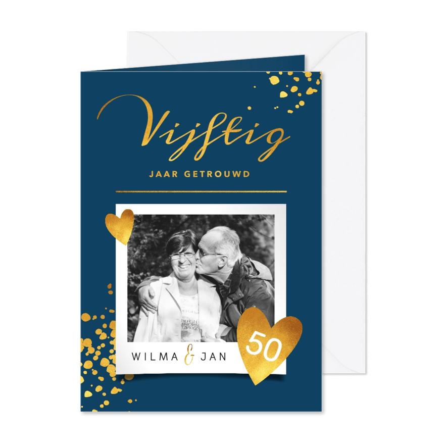 Goudlook stijlvolle jubileumkaart 50 jaar met foto - Kaartimpressie