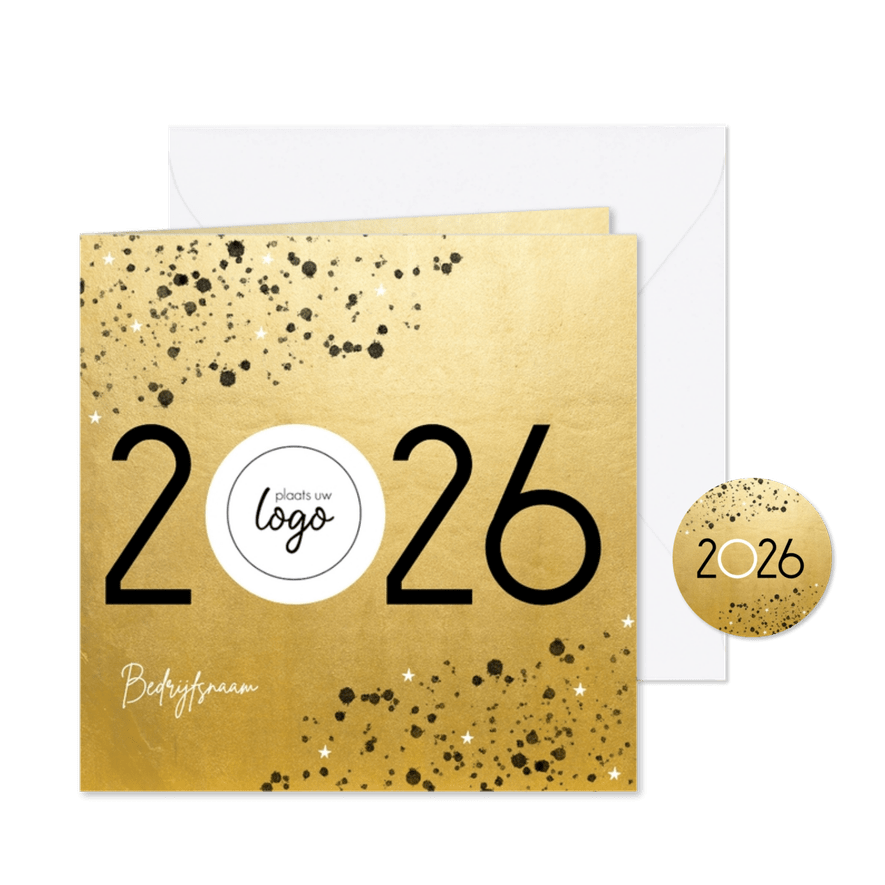 Goudlook zakelijke kerstkaart 2026 met logo en spetters - Kaartimpressie