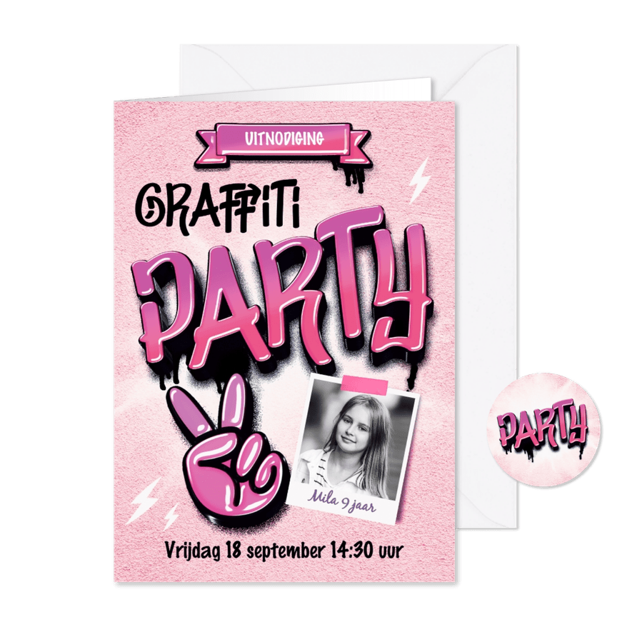 Graffiti uitnodiging verjaardagsfeestje meisje - Kaartimpressie
