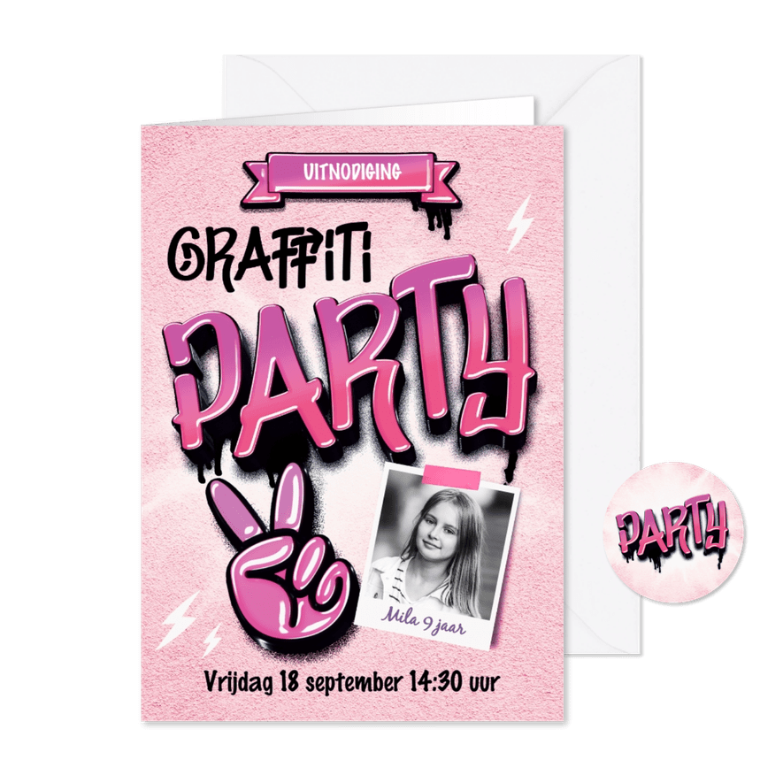 Graffiti uitnodiging verjaardagsfeestje meisje - Kaartimpressie