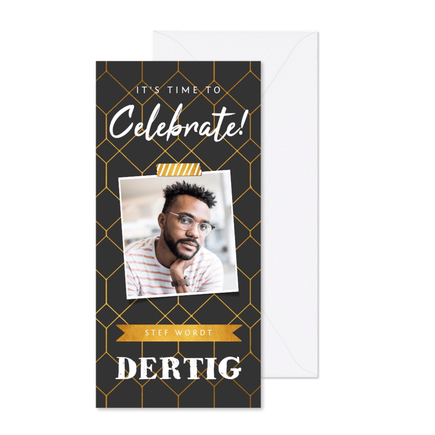 Grafische uitnodiging verjaardag goudlook met foto - Kaartimpressie