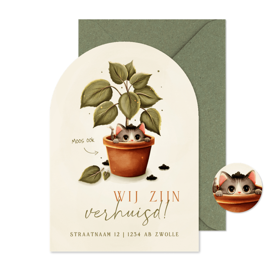 Grappig boog verhuiskaartje kat in plant - Kaartimpressie
