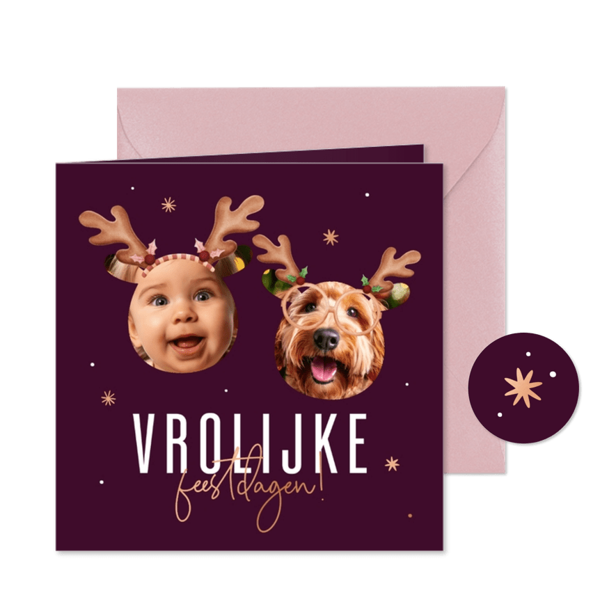 Grappig foto kerstkaartje vrolijke feestdagen met sterren - Kaartimpressie