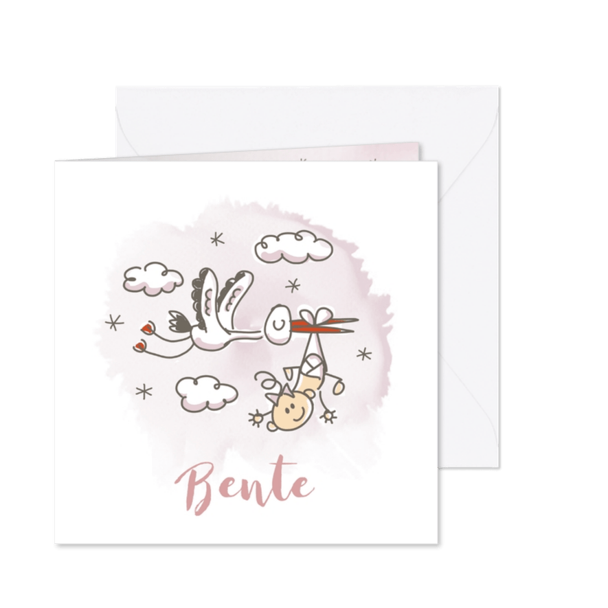 Grappig geboortekaartje met vliegende ooievaar en meisje - Kaartimpressie