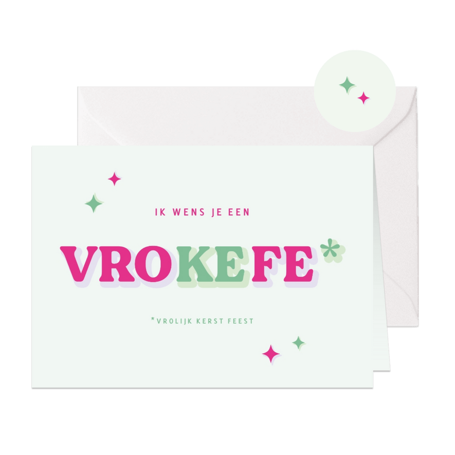 Grappig kerstkaart met afkorting vrokefe in groen en roze - Kaartimpressie