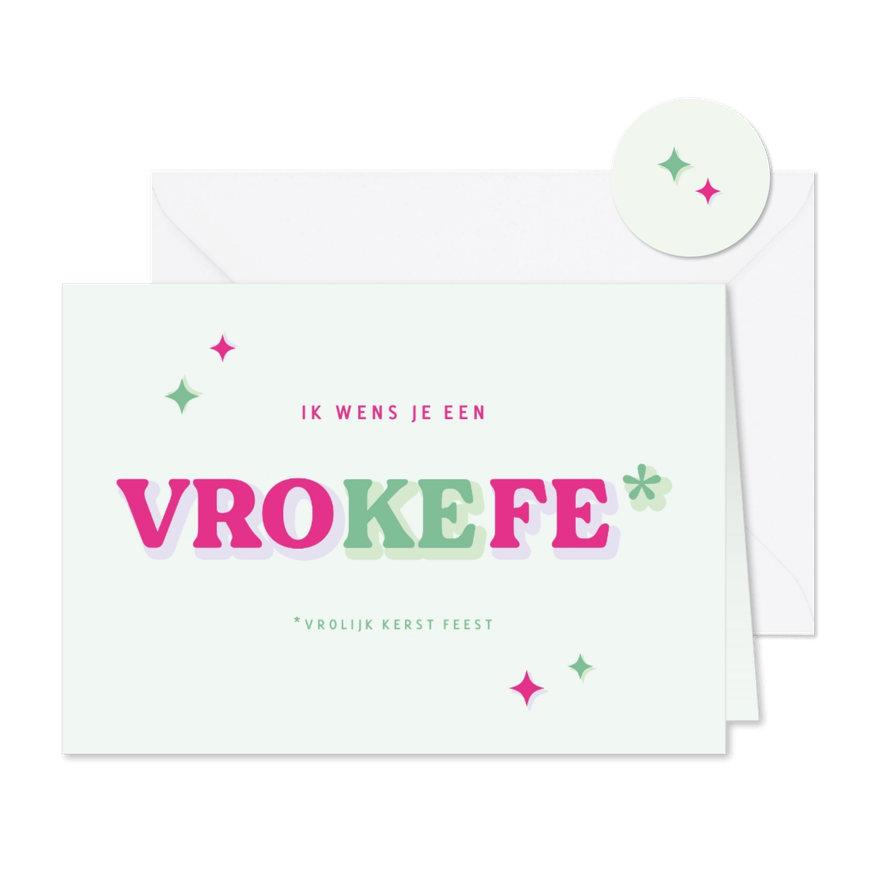 Grappig kerstkaart met afkorting vrokefe in groen en roze - Kaartimpressie