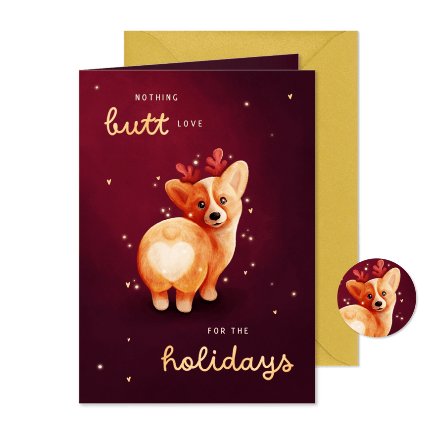 Grappig kerstkaartje corgi met gewei en hartjes - Kaartimpressie