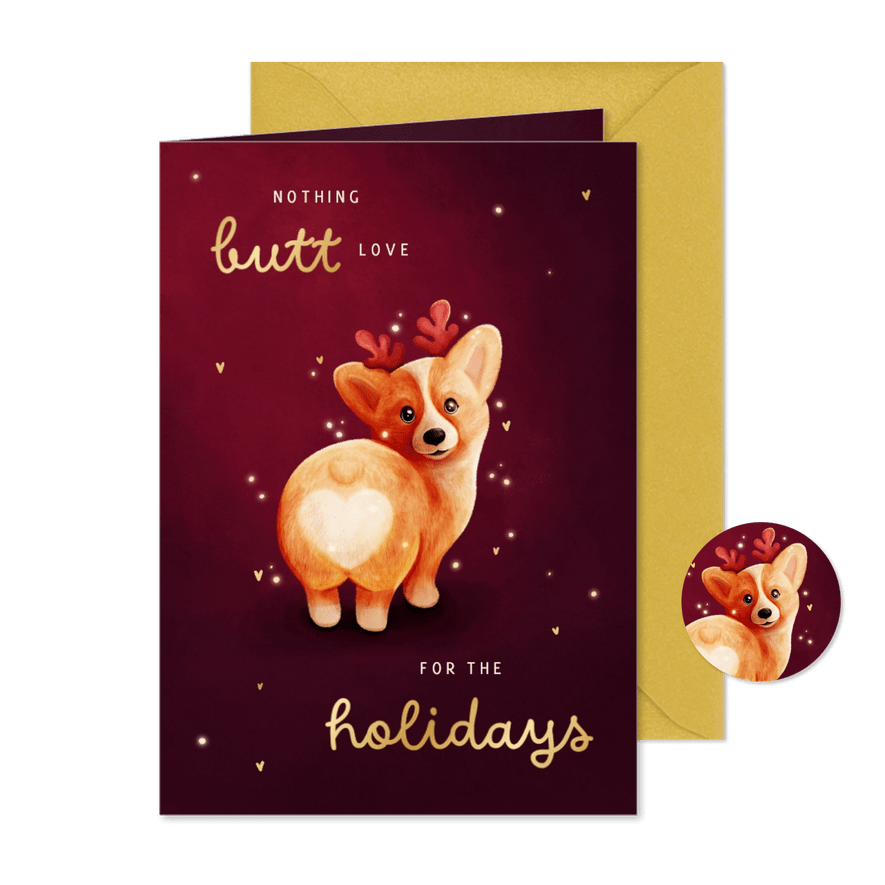 Grappig kerstkaartje corgi met gewei en hartjes - Kaartimpressie