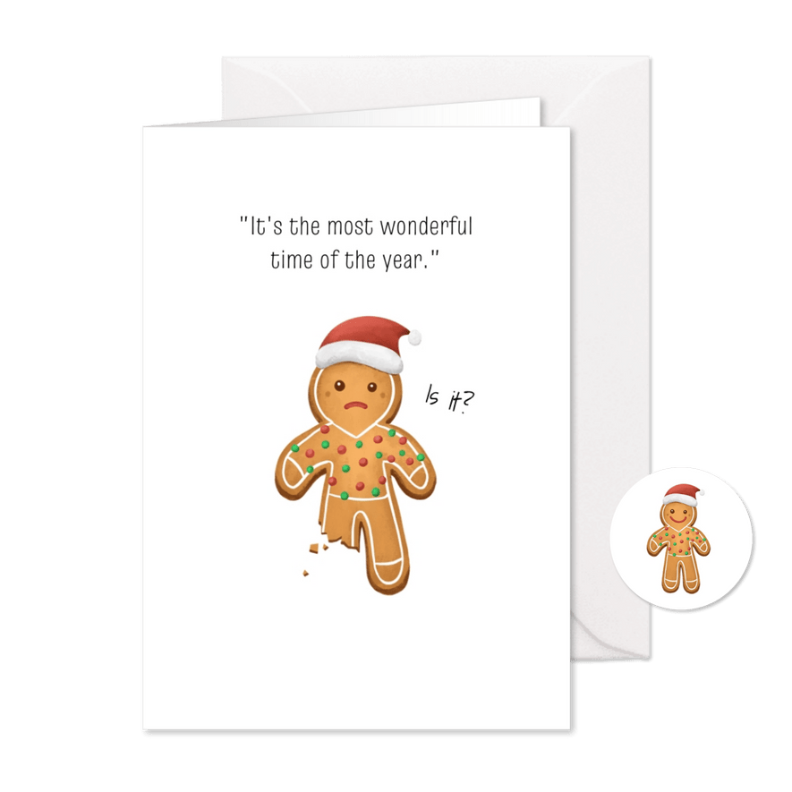 Grappig kerstkaartje gingerbreadman humor kerstmuts - Kaartimpressie