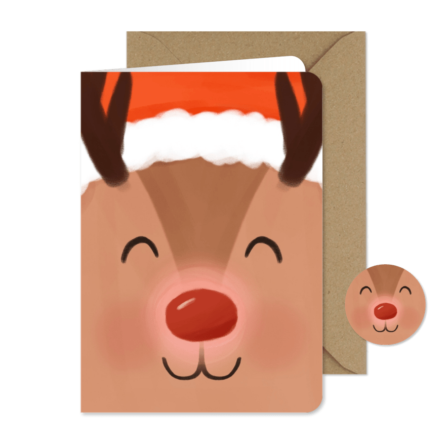 Grappig kerstkaartje illustratie rendier closeup - Kaartimpressie