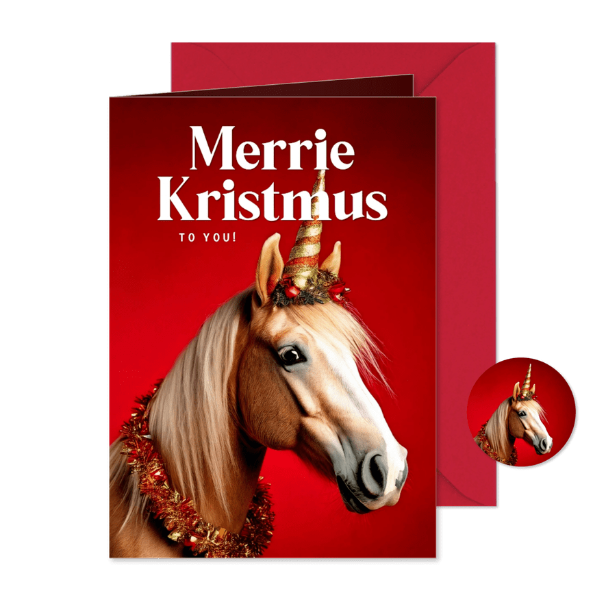 Grappig kerstkaartje merrie kristmus met paard - Kaartimpressie