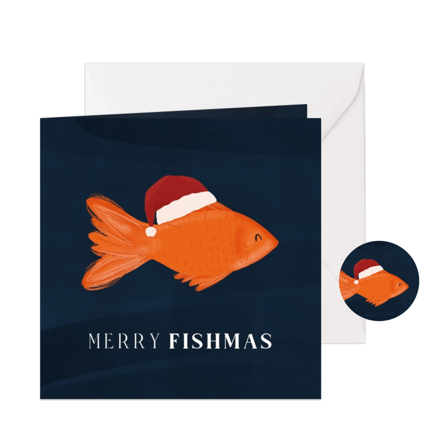 Grappig kerstkaartje Merry Fishmas met vis en kerstmuts - Kaartimpressie