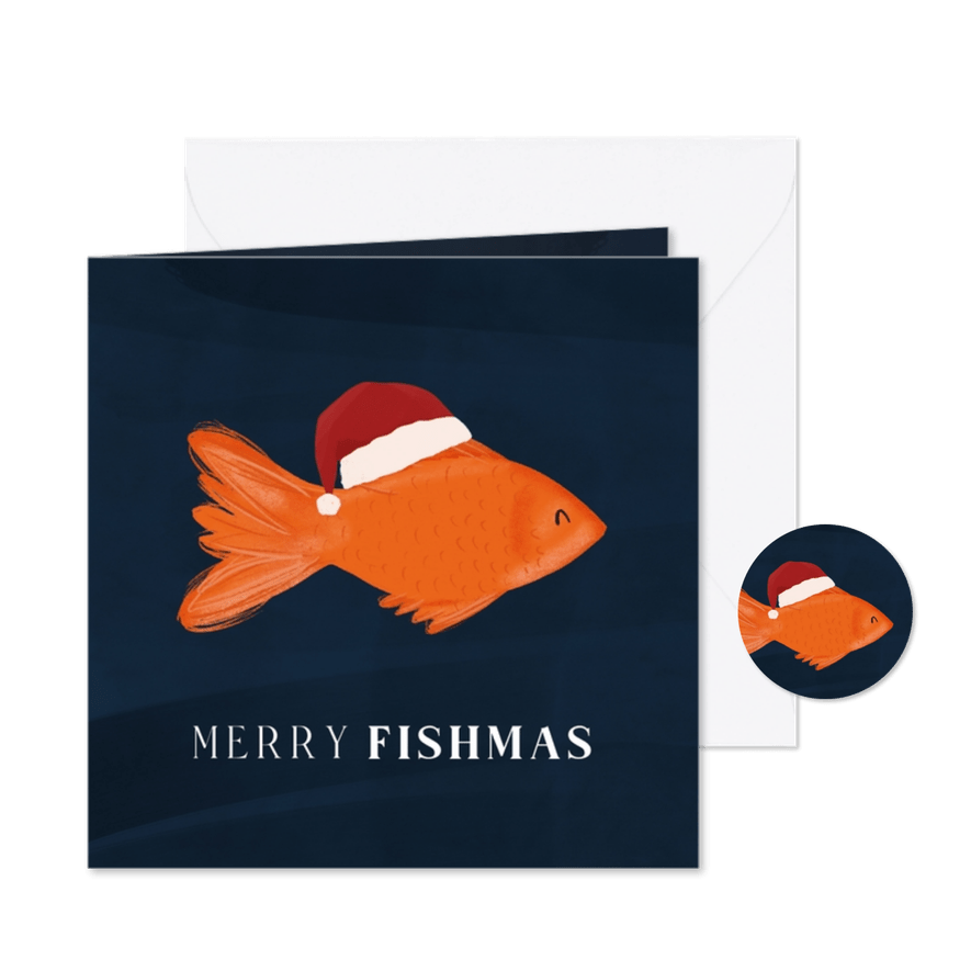 Grappig kerstkaartje Merry Fishmas met vis en kerstmuts - Kaartimpressie