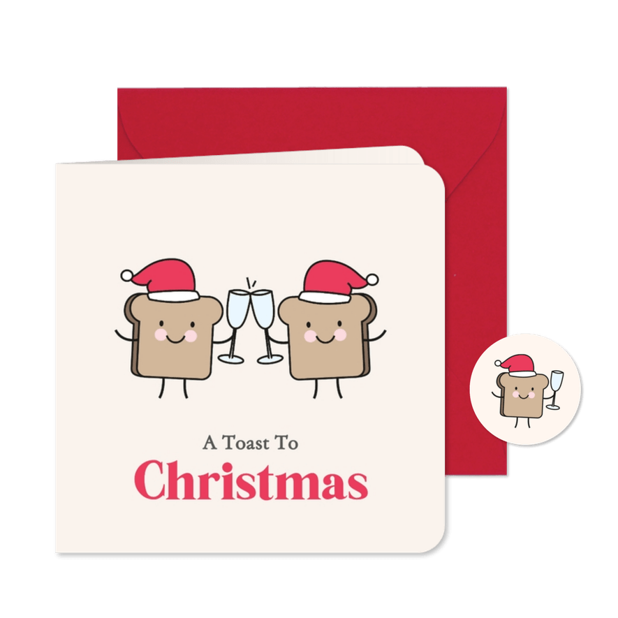 Grappig kerstkaartje met boterhammen met kerstmuts - Kaartimpressie