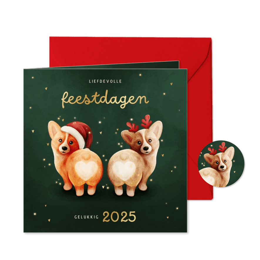 Grappig kerstkaartje met twee corgis en hartjes - Kaartimpressie