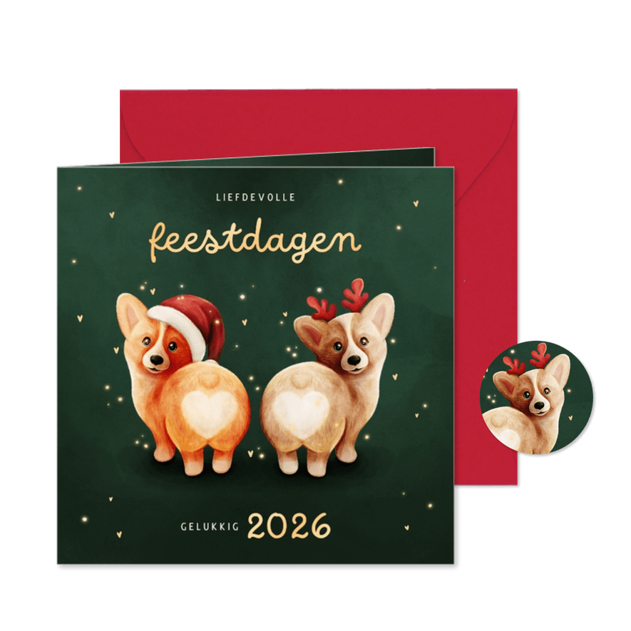 Grappig kerstkaartje met twee corgis en hartjes - Kaartimpressie