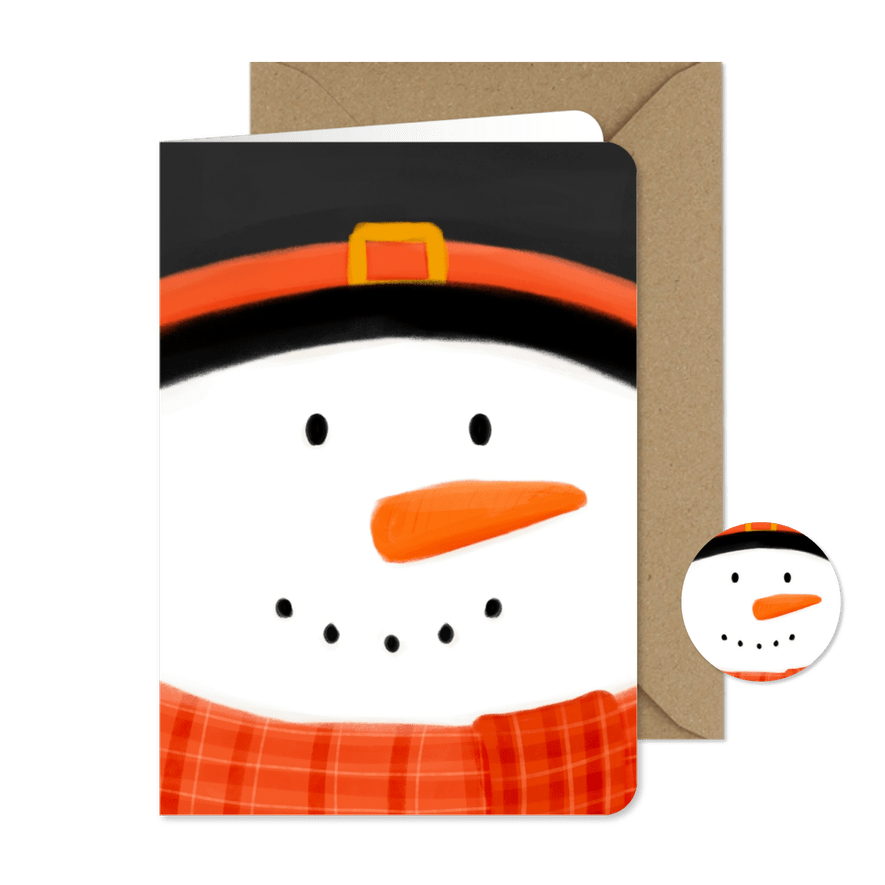 Grappig kerstkaartje sneeuwpop close up illustratie  - Kaartimpressie