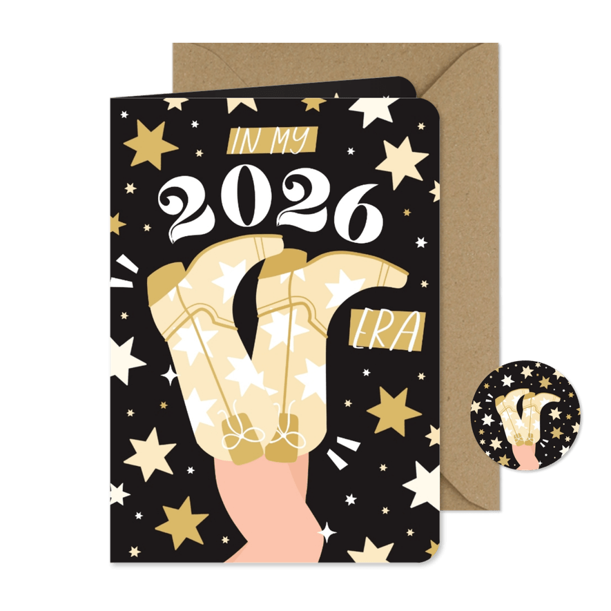 Grappig nieuwjaarskaartje cowboylaarzen in my 2026 era ster - Kaartimpressie