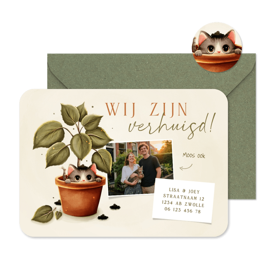 Grappig verhuiskaartje kat in plant met foto - Kaartimpressie