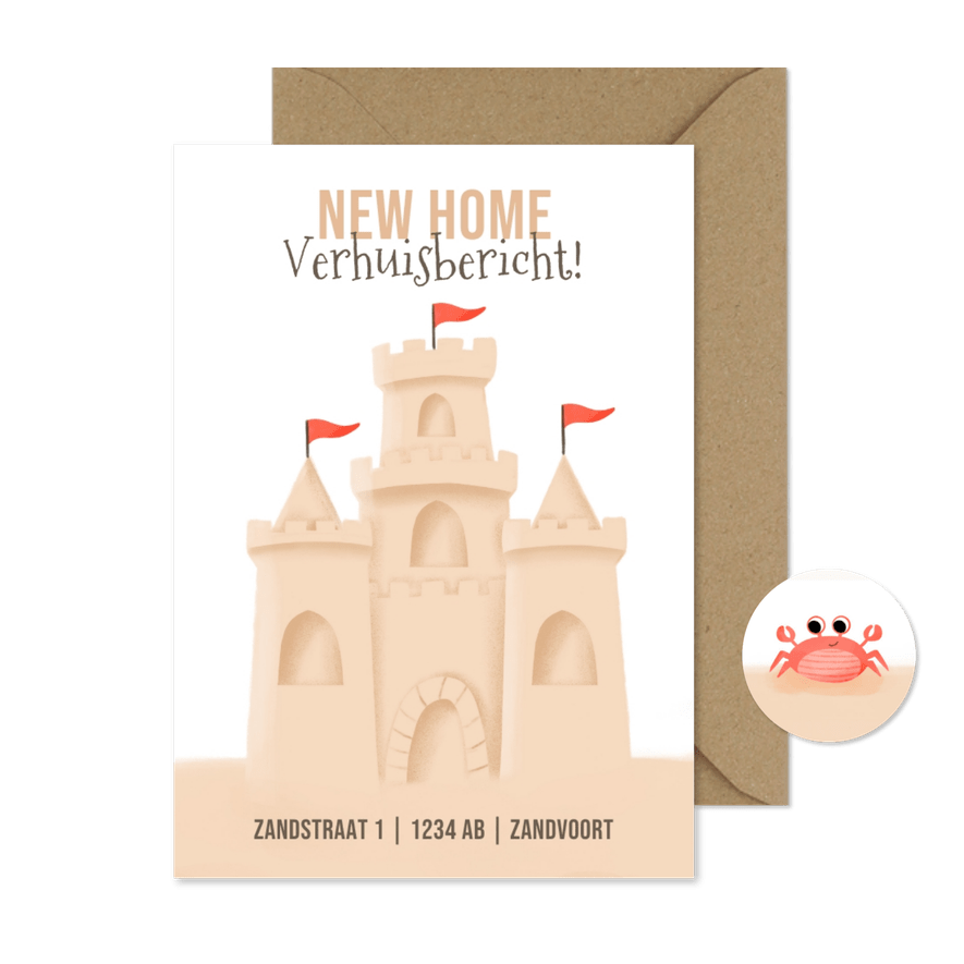 Grappig verhuiskaartje met een zandkasteel verhuisbericht - Kaartimpressie