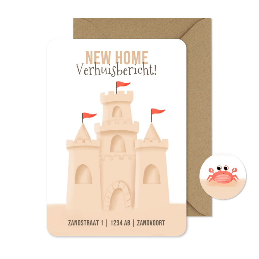 Grappig verhuiskaartje met een zandkasteel verhuisbericht - Kaartimpressie