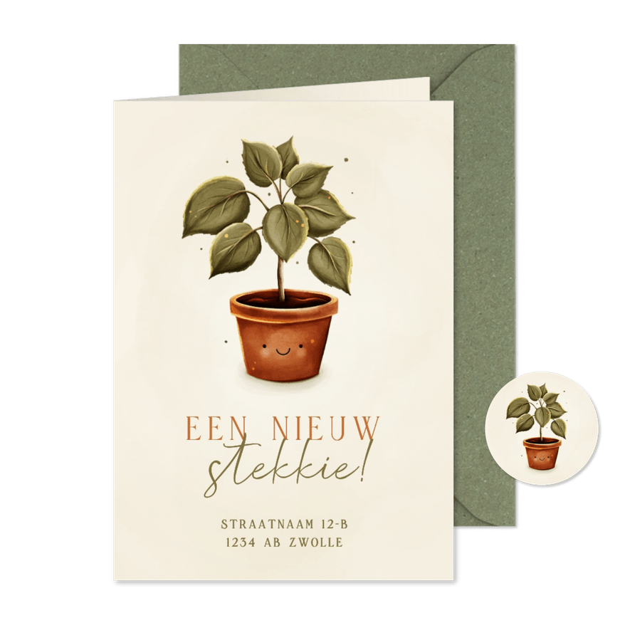 Grappig verhuiskaartje nieuw stekkie met plant - Kaartimpressie