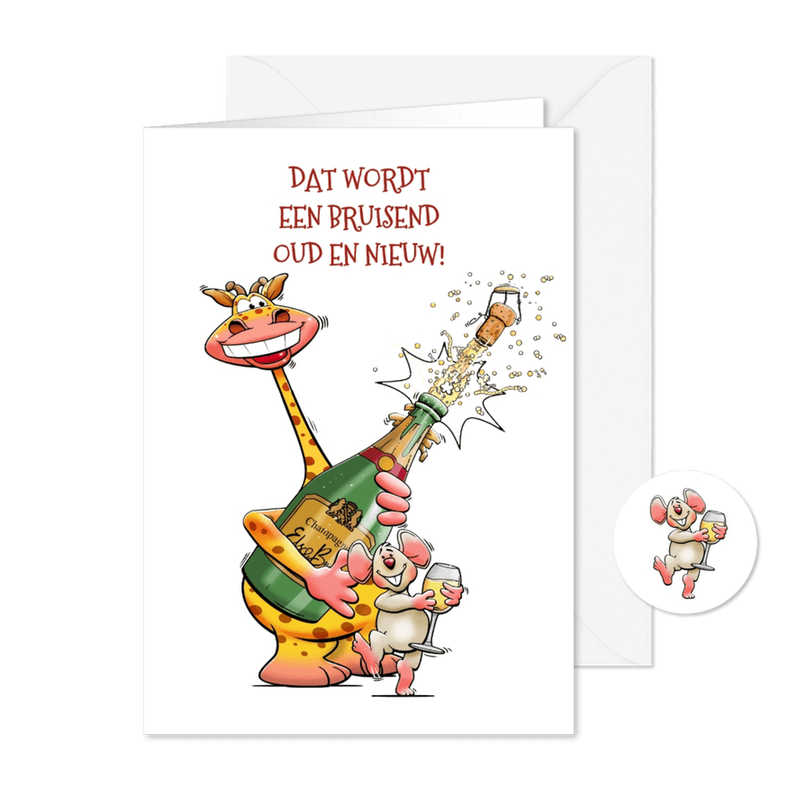 Grappige bruisende nieuwjaarskaart met giraf en muis - Kaartimpressie