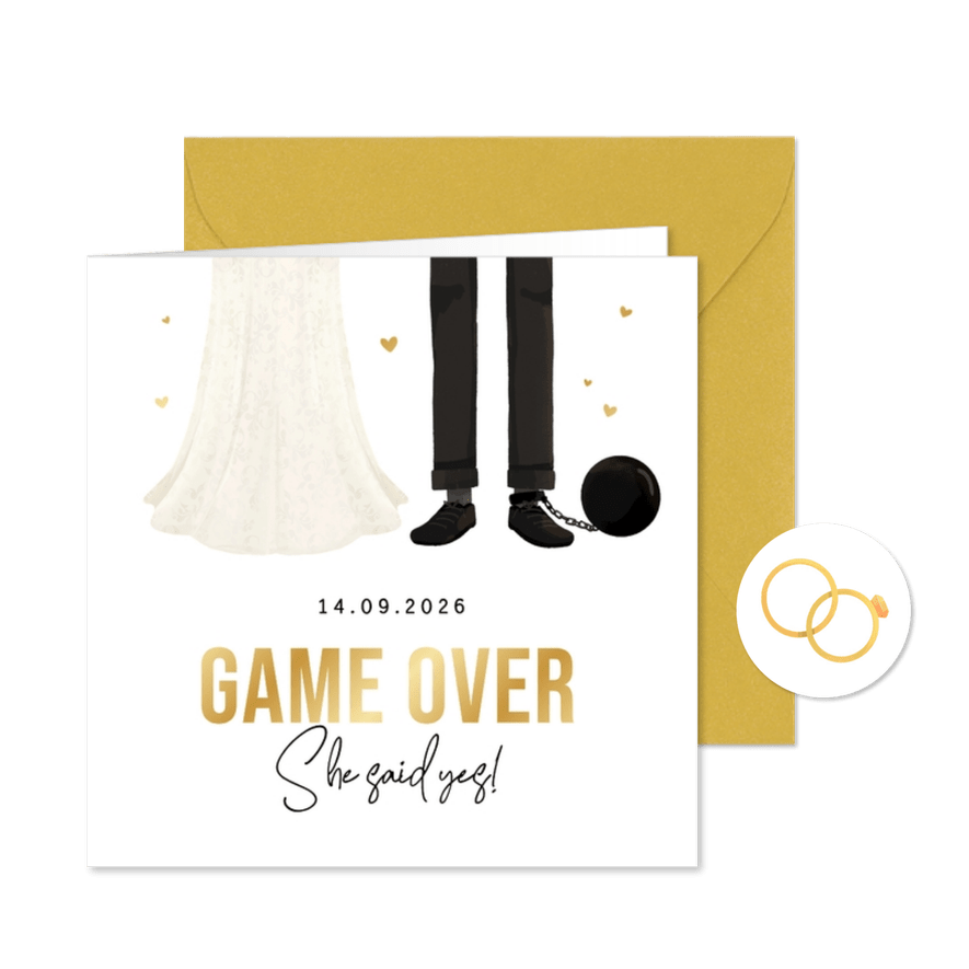 Grappige cartoon trouwkaart game over goud hartjes - Kaartimpressie
