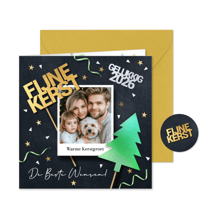 Grappige foto kerstkaart kerstboom en sterren - Kaartimpressie