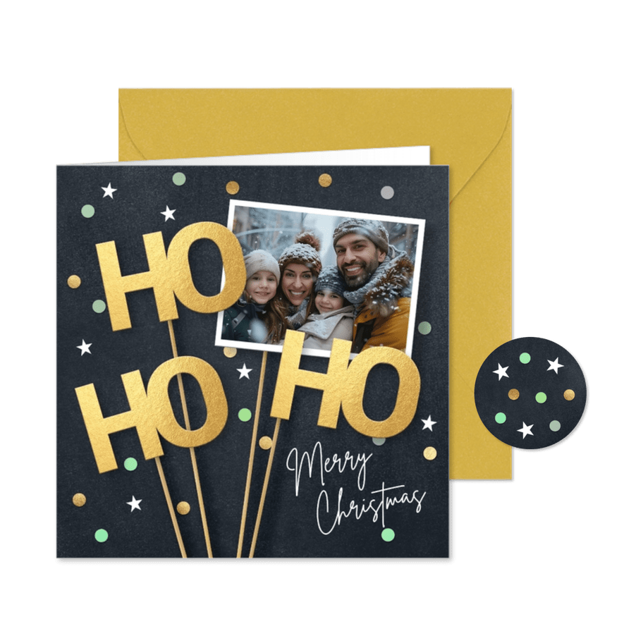 Grappige foto kerstkaart met Ho Ho Ho in goud - Kaartimpressie
